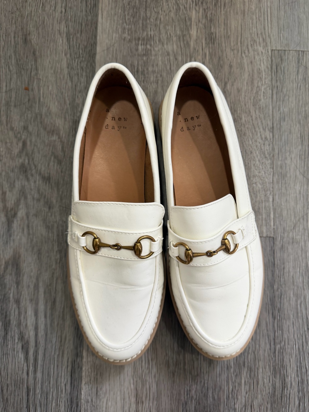 a new day White Leather Loafers with Gold Bit